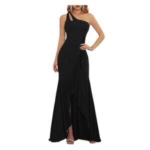 New Fashion Black One Shoulder Ruffle Hem Formal Dress, Women's S